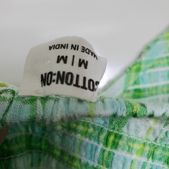 COTTON ON Plaid Green Crop Shirred Top Blouse Cotton Ruffle Size Medium Summer - Picture 4 of 8